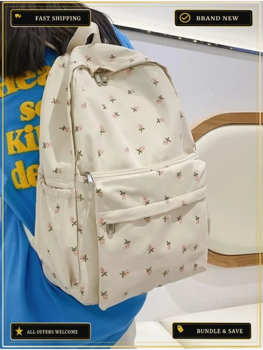 Cute Preppy Floral Nylon Backpack Daypack Laptop Bag